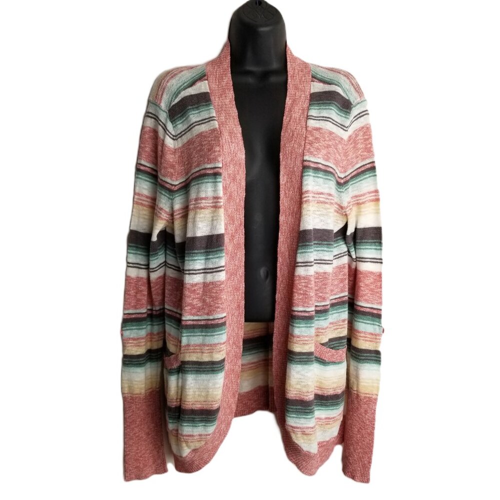 Maurices Cardigan Size 1 Coral Mint Striped Open Front Boho Romantic Layer